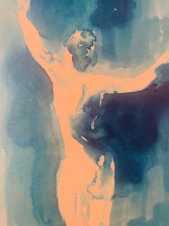 Image 1 of Monochroom blauw aquarel gesigneerd "Blue Lady" Dans