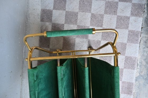 Image 1 of Brass Lectern on wheels, green suede upholstery