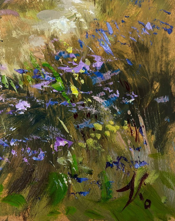 Image 1 of Original Oil Painting Summer Village Landscape Joyful walks through the field