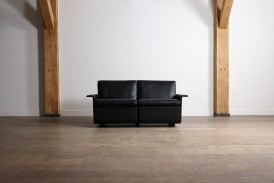 Image 1 of Dieter Rams Modell 620 Zweisitzer-Sofa aus schwarzem Leder für Vitsoe, 1980er Jahre