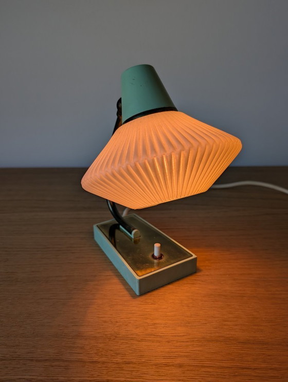 Image 1 of Rare German Mid-Century Table Lamp | Mint Green and Brass | Original Ribbed Glass Shade | 1950s–1960s
