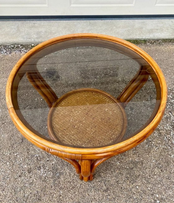 Image 1 of Tavolino da caffè in vimini e rattan con piano in vetro