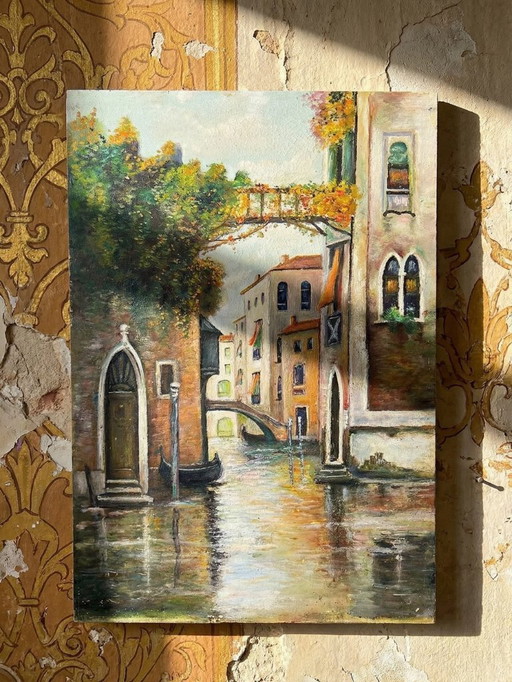 Pintura veneciana, óleo sobre tabla, canal antiguo y fachadas.