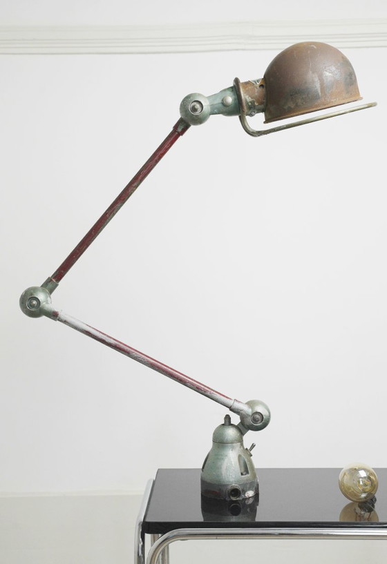 Image 1 of Vintage 1950s Jieldé Lamp Standard Industrial Wall Light, Two-Arm Early Model Riveted Label, French Factory Workshop Patina, 195