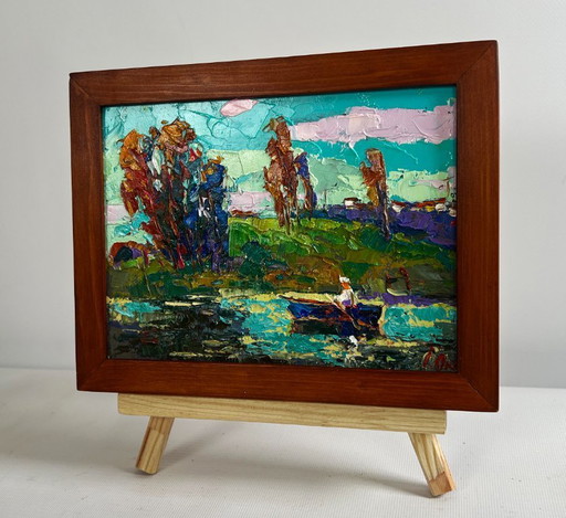 Original Oil Painting Summer Coastal Landscape Relaxation on the river