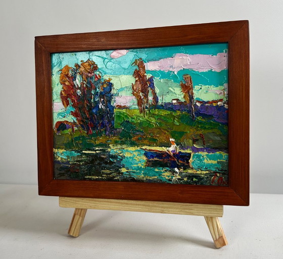 Image 1 of Original Oil Painting Summer Coastal Landscape Relaxation on the river