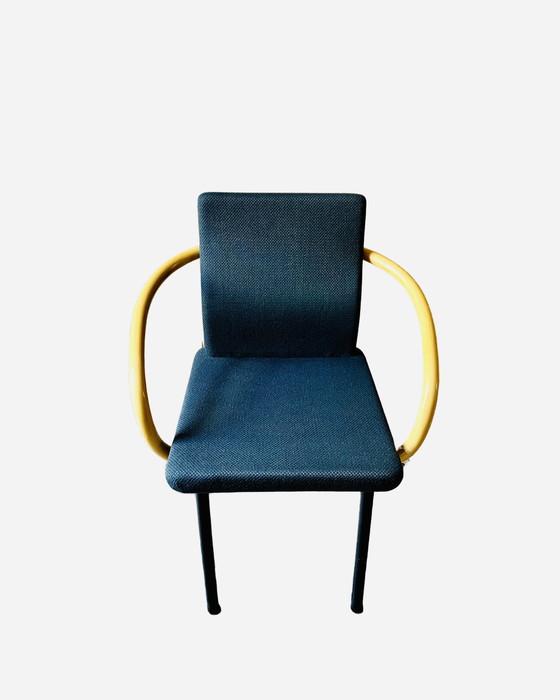 Image 1 of 4x Mandarin stoel van Ettore Sottsass voor Knoll, 1986 - Blauwe stof, armleuningen in bamboelook