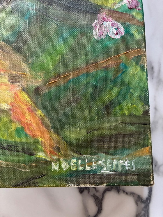 Image 1 of Antique oil painting on canvas, still life with a goldfinch