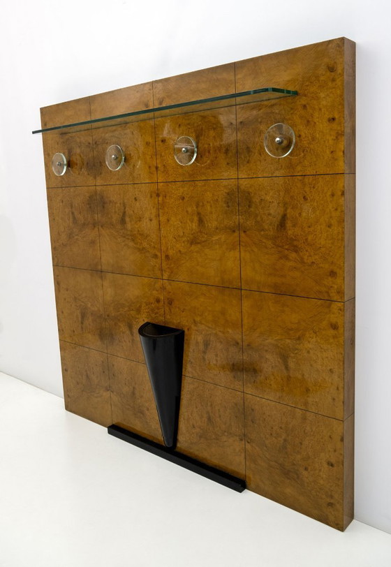 Image 1 of Perchero Art Déco italiano de nogal y cristal, atribuido a Pier Luigi Colli, década de 1930