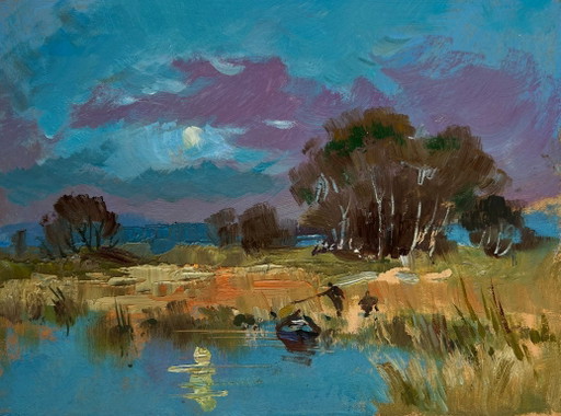Pintura al óleo original Paisaje veraniego junto al lago En el campo cerca del lago