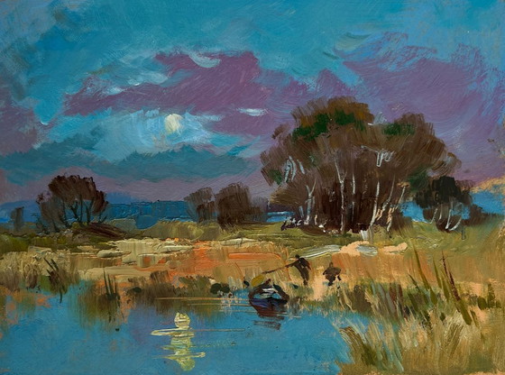 Image 1 of Origineel olieverfschilderij: Zomerlandschap aan het meer, in een veld vlakbij het meer.