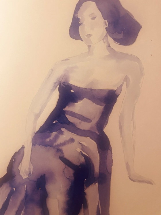 Tableau signé portrait féminin « robe de soirée bleue nuit » – Peintures et dessins, Papier (photo 8 of 10)