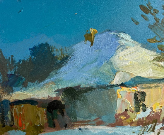 Image 1 of Origineel olieverfschilderij: Winterhuislandschap, prachtige winterochtend