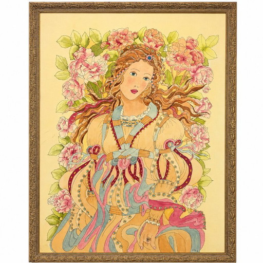 Silk painting in Art Nouveau style of a woman with flowers