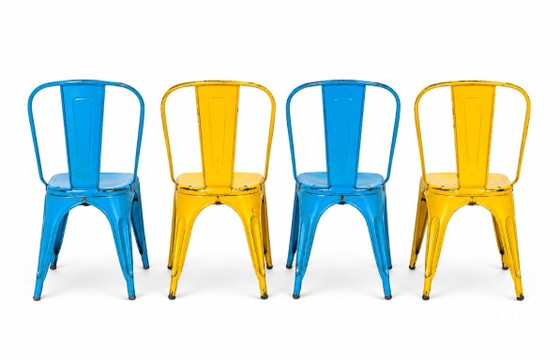 Set of 4 Tolix chairs, 2 yellow, 2 blue. 1960s edition. – Dining chairs, Metal (photo 3 of 8)