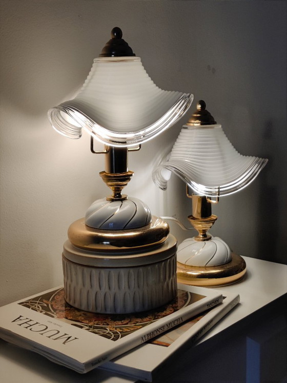 Image 1 of Vintage Hollywood Regency Table Lamps, Set of 2, Wavy Ribbed Opaline Glass, White and Gold Retro Bedside Lighting