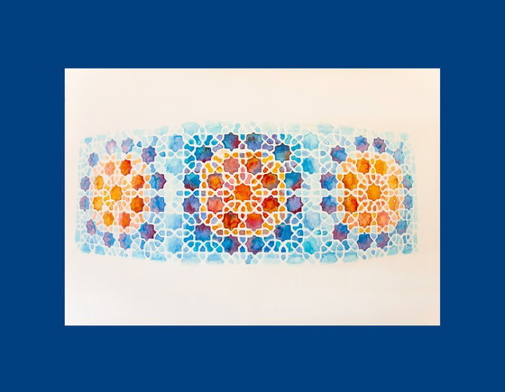 Image 1 of Original watercolor of a Moorish tile. Arabic tile painting. Geometric painting. Watercolor with a geometric motif.