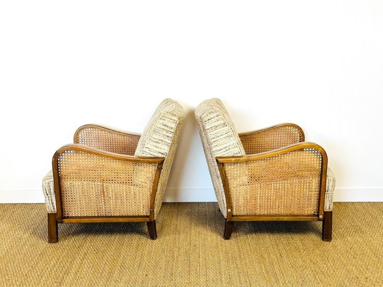 Image 1 of Vintage Art Deco woonkamerset van gebogen hout en riet, 1950, set van 3