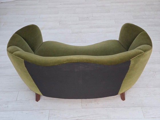 Image 1 of 1960s, Danish Curved 2-Seater Sofa, Green Furniture Velour, Oak Wood Legs