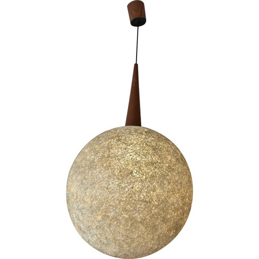 Vintage bol hanglamp van hars en teakhout, 1960