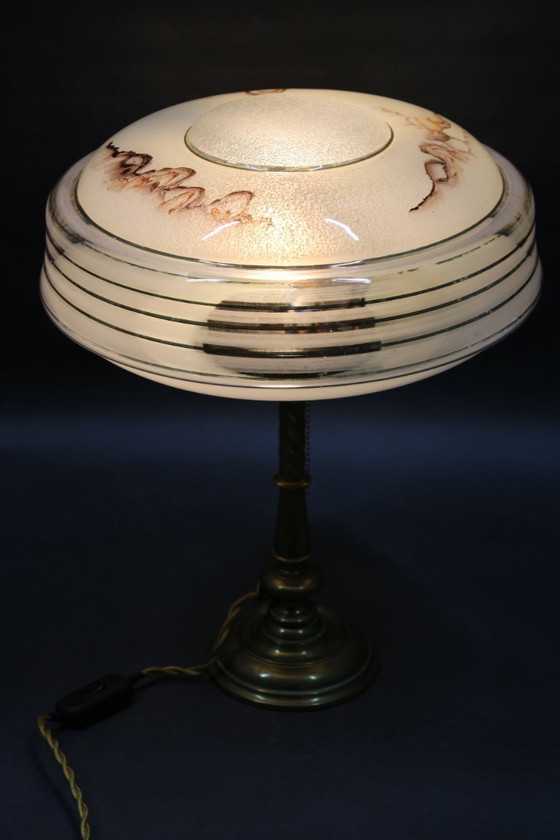 Image 1 of 1940s Restored Brass Table Lamp with Glass Shade
