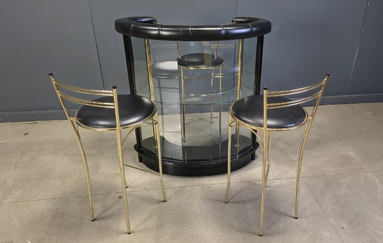 Image 1 of Hollywood-Regency-Bar mit drei Barhockern, 1970er Jahre – Italien