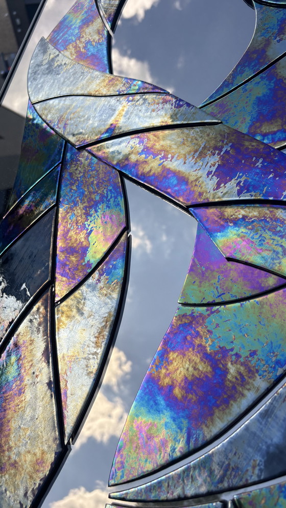 Image 1 of Specchio da toeletta a terra, opera d'arte realizzata a mano in vetro fumé e vetro ad olio a forma di palma