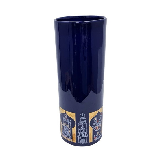 Image 1 of Vintage KEUCK Ceramic Vase – Turkish Mocha, Cobalt, and Gold – Germany, 1970s