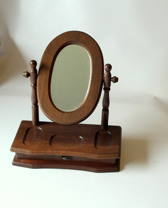 Image 1 of Beautiful small vanity mirror/cosmetic mirror made of wood and glass with drawer - Vintage 80s