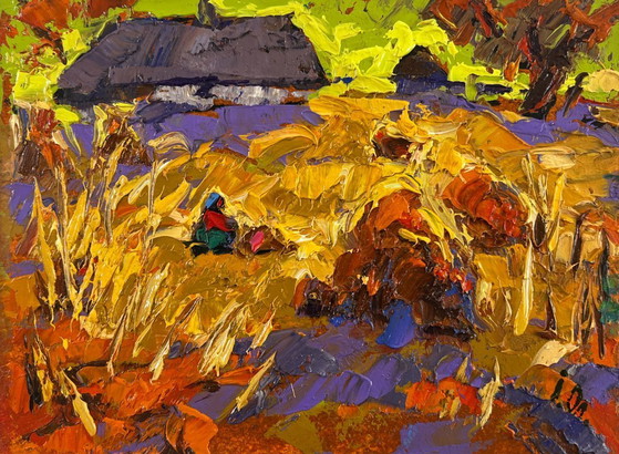 Image 1 of Original Oil Painting Evening House Landscape After the harvest - peace
