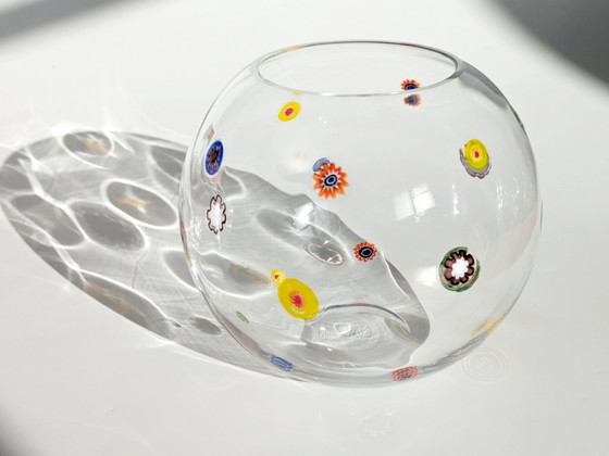 Image 1 of 1990s Leonardo Millefiori Ball Glass Vase, German Art Glass Murano Style Floral Inclusions
