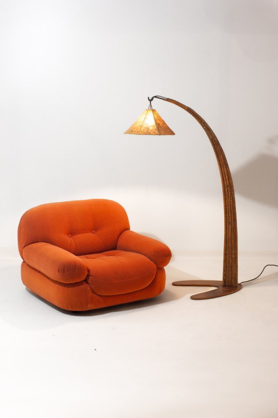 Image 1 of Lampe à arc italienne en rotin