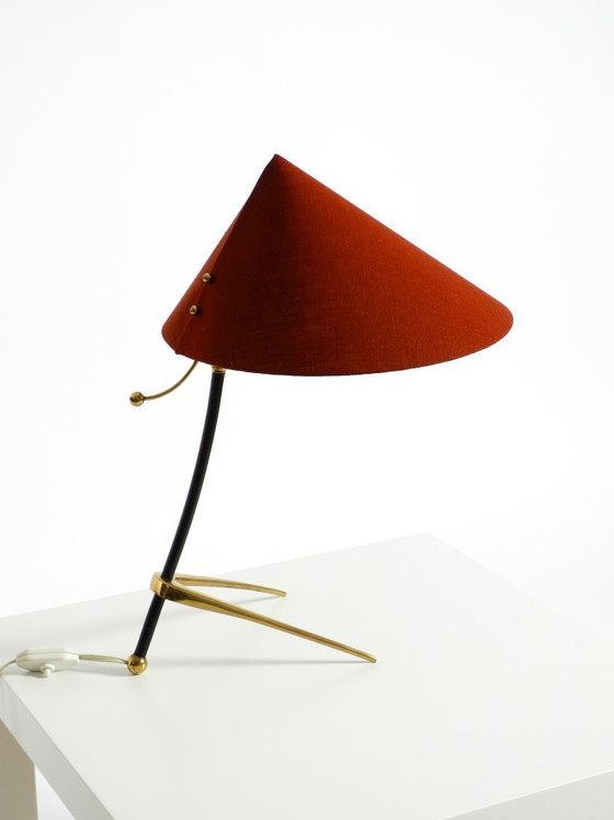 Image 1 of Beautiful, large, original Kalmar Mid-Century Modern tripod brass table lamp with a new fabric shade
