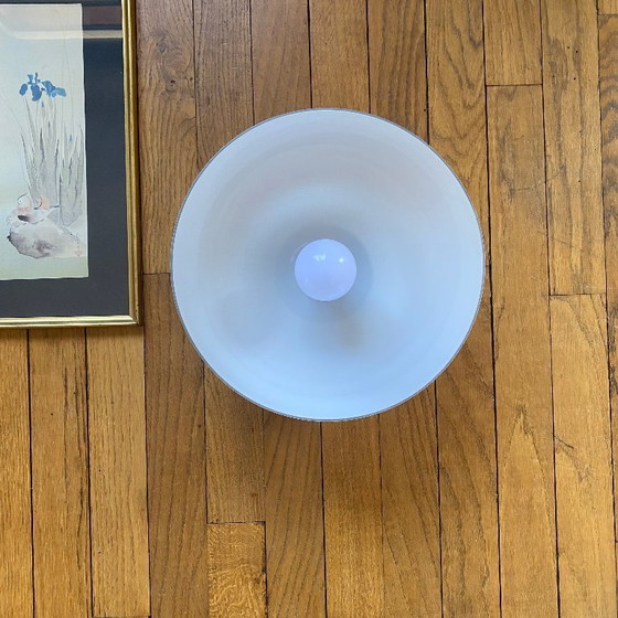 Image 1 of Wand- of plafondlamp, halfrond, van wit opaalglas met een rozet van roestvrij staal.