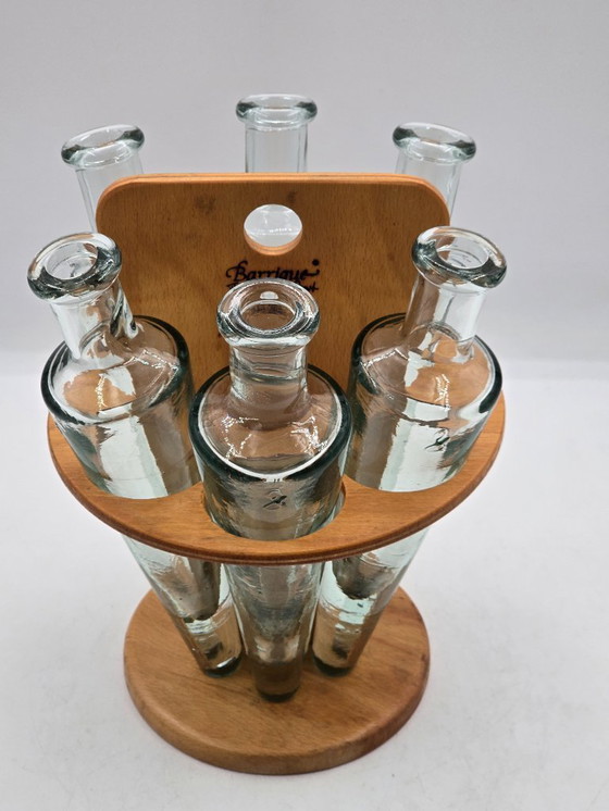 Image 1 of Holzhalter mit 6 konischen, mundgeblasenen Flaschen, Design