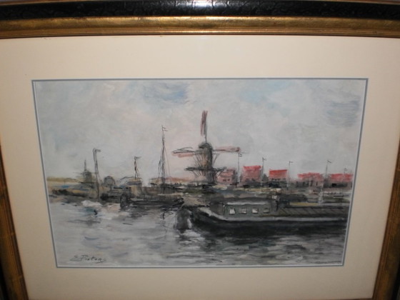 Image 1 of EVERT PIETERS (1856-1932) Harbor View Zeeland Mixed Media With Certificate
