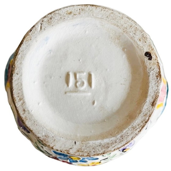 Image 1 of Bonbonnière vintage Rigo Majolica peinte à la main, à couvercle fleuri, années 1950