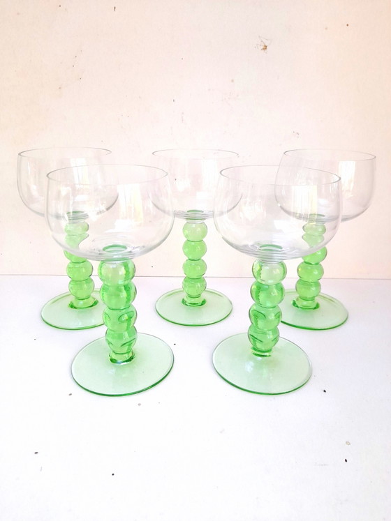 Image 1 of Set of 5 vintage 80s green stemmed glasses