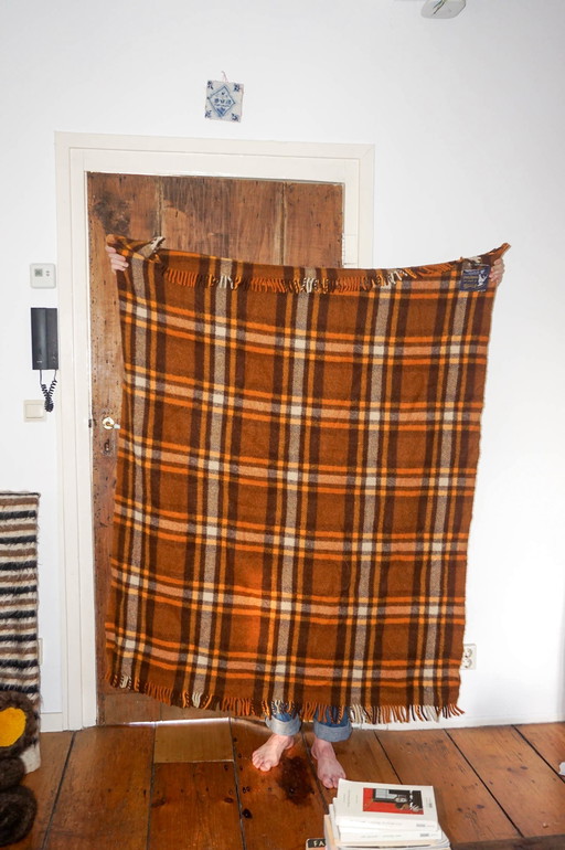 vintage wool blanket with label * orange brown warm earth tone * tartan plaid