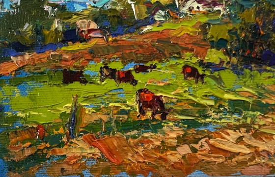 Image 1 of Original Oil Painting Rural Life Landscape A Warm Summer Day