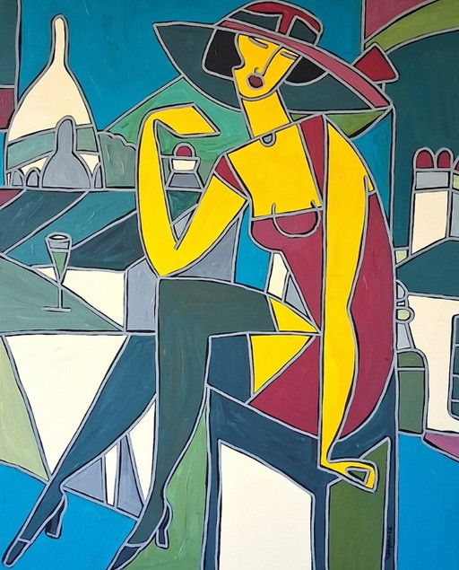 Patricia KLEYMAN - Bonita joven con sombrero en los tejados de Montmartre - Pintura de artista