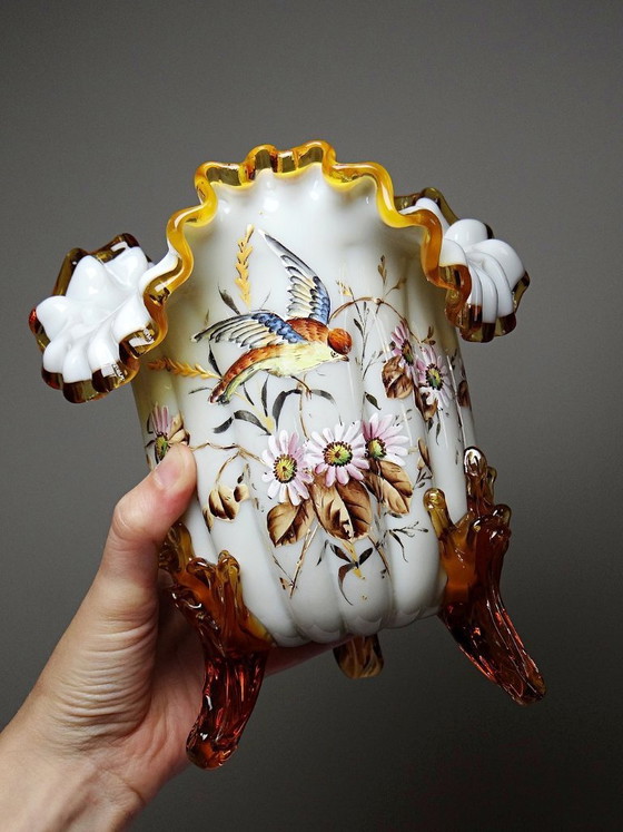 Image 1 of Antique tripod vase, opaline glass, glazed, 19th-20th century, Victorian style