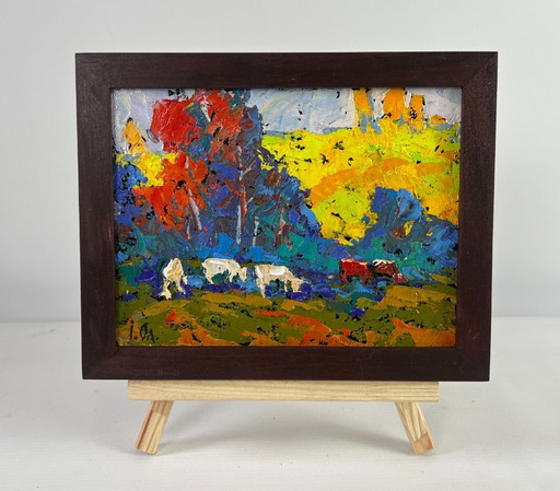 Original Oil Painting Summer Nature Landscape In the shade of trees is peace of mind