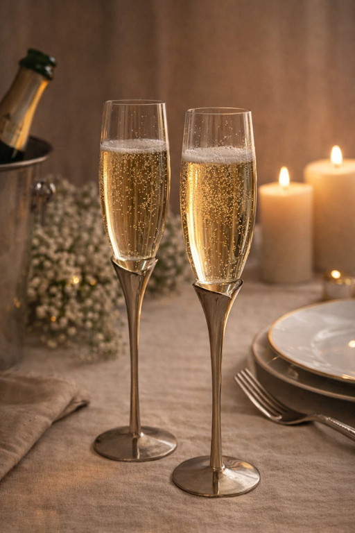 Coppia di flûte da champagne vintage – steli placcati in argento, servizio da tavola romantico