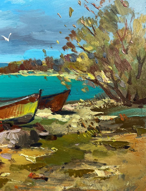 Image 1 of Pintura al óleo original: Paisaje costero marino delimitado por la corriente.