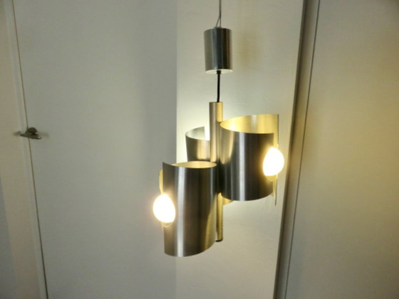 Image 1 of UFO-Hängeleuchte im Weltraumzeitalter-Stil, Rockabilly-Stil, gebürsteter Stahl, 1970