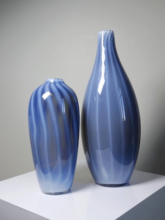 Image 1 of Pair of vintage Murano glass vases in smoked glass lined with opaline glass, soap bubble design