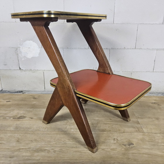 Image 1 of Vintage bijzettafel / plantentafel (Van Teeffelen stijl)  Formica / beukenhout (jaren 60 / 60s)