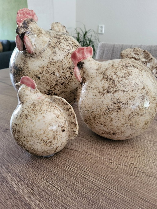3 beautiful glazed stoneware chickens