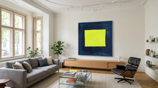 Wabi Sabi Abstract Neongeel 95×95 cm | Kunstwerk op 5 mm acrylglas | Tentoonstellingsstuk – giclee prints, Plexiglass